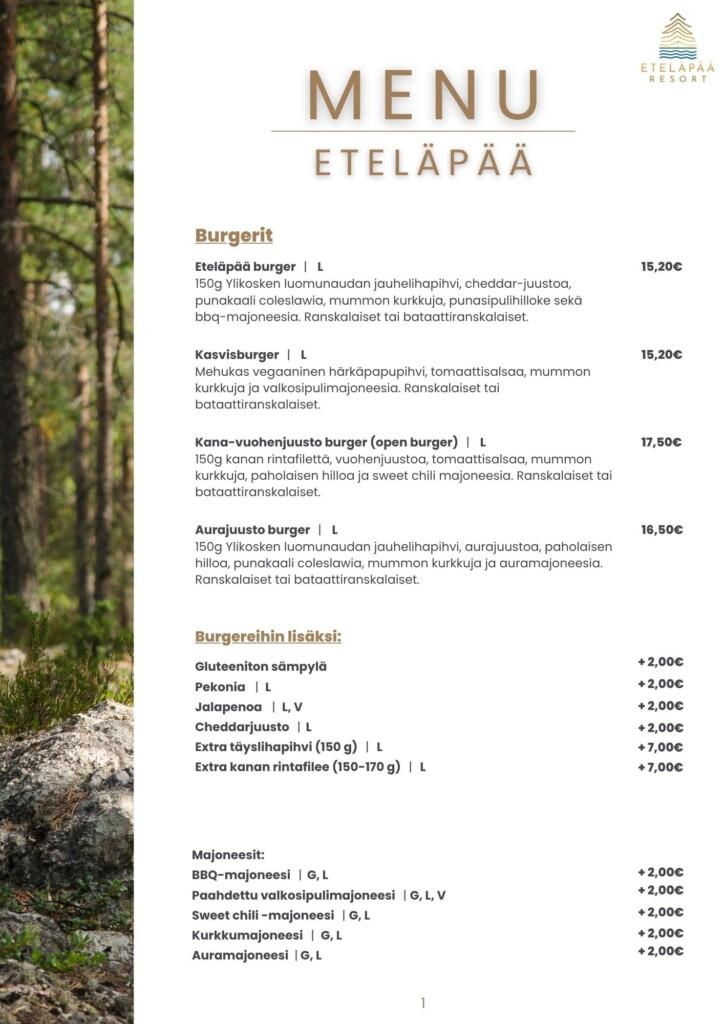 Eteläpään ravintolan ruokalista kesä 2026