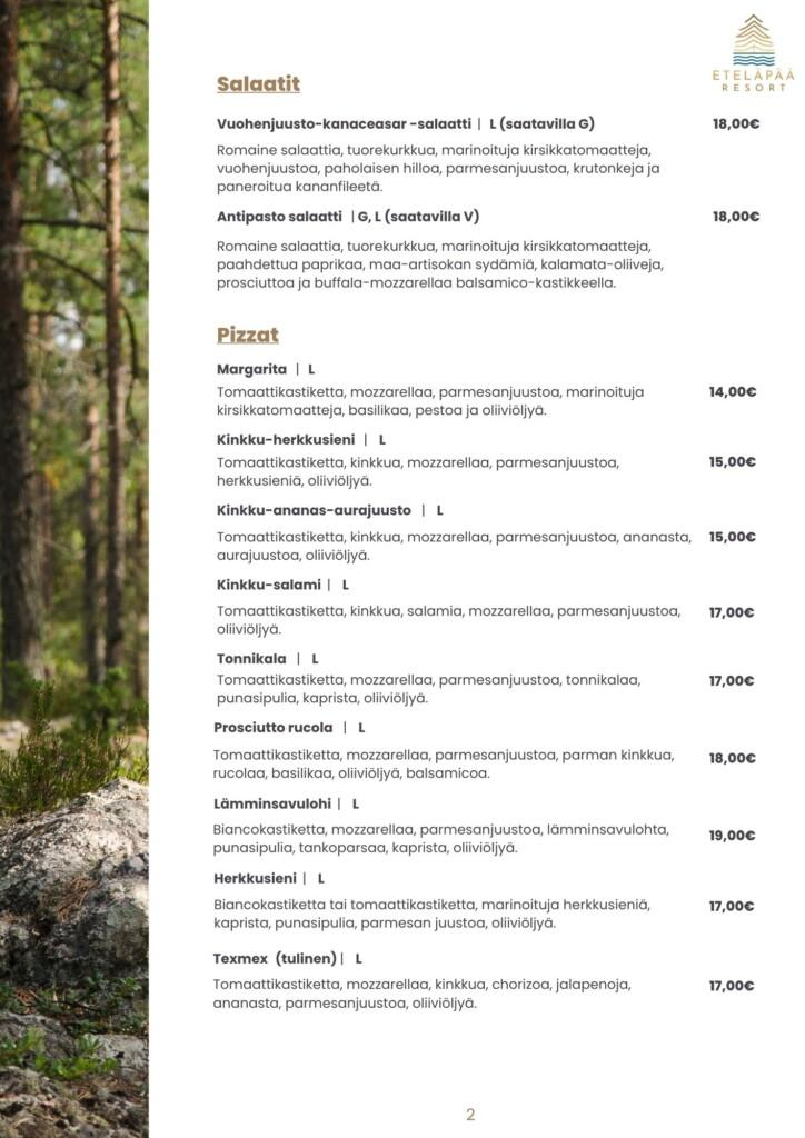 Eteläpään ravintolan ruokalista kesä 2026