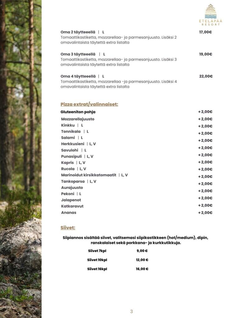 Eteläpään ravintolan ruokalista kesä 2026