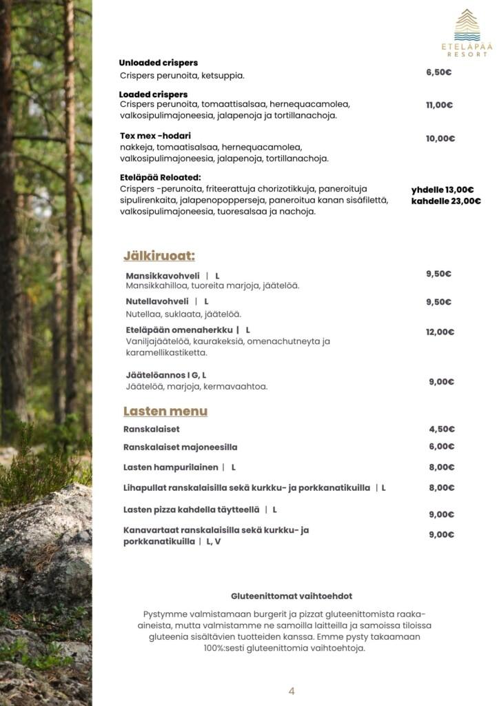 Eteläpää restaurant menu summer 2026 in English